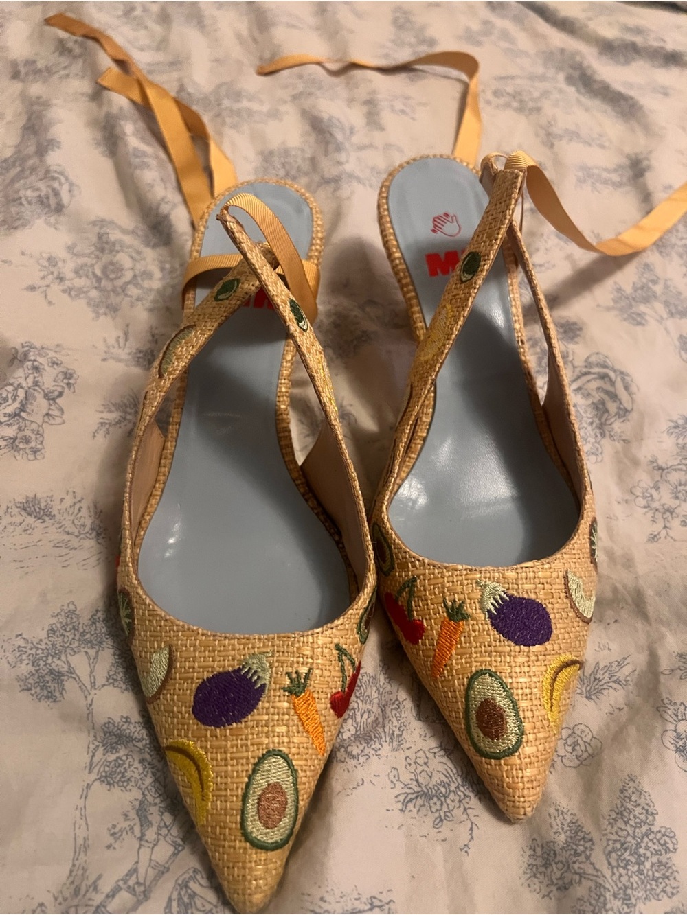 Women's Yellow Embroidered Fruit & Veg Slingback Flats